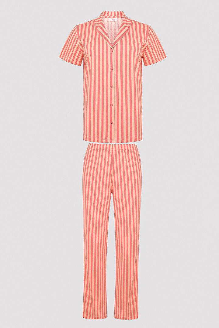 Base Rosy Stripes Gül Rengi Gömlek Pantolon Pijama Takımı - 1