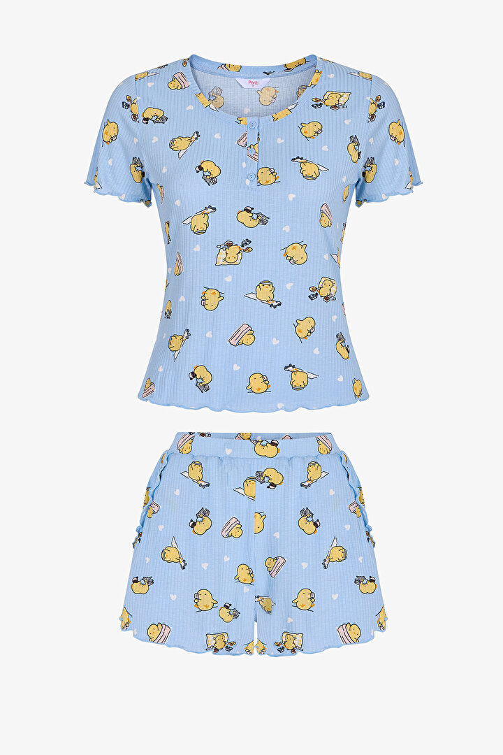 Açık Mavi Happine Rib Şortlu Pijama Takımı - 1