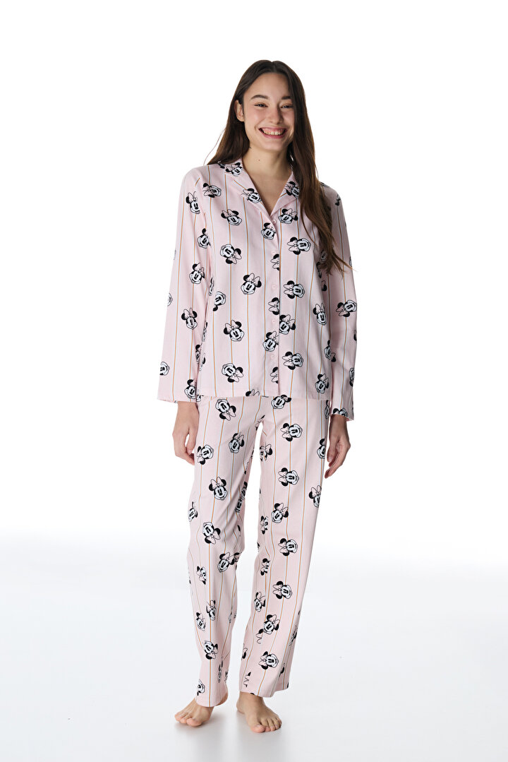 İnci Pembe Lic Minnie Gömlek Pantolon Pijama Takımı - 1