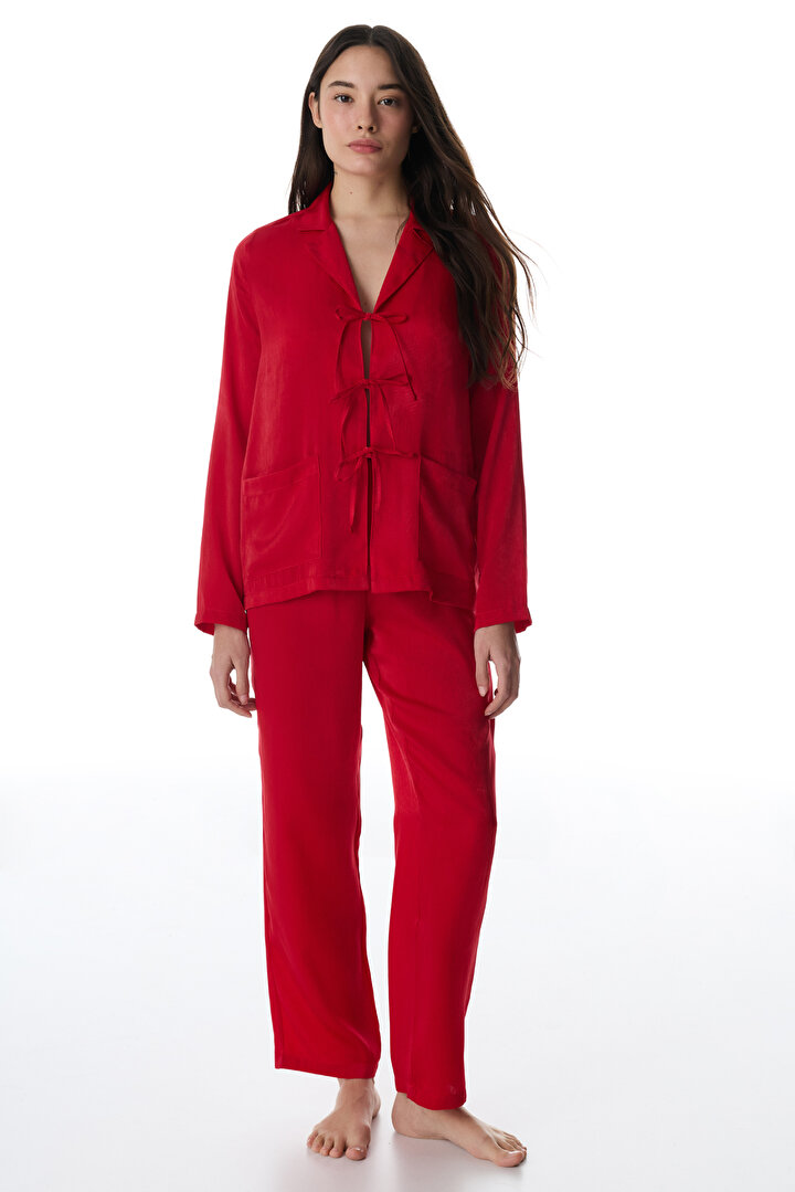 Red Bella Satin Shirt & Pants Pajama Set - 2