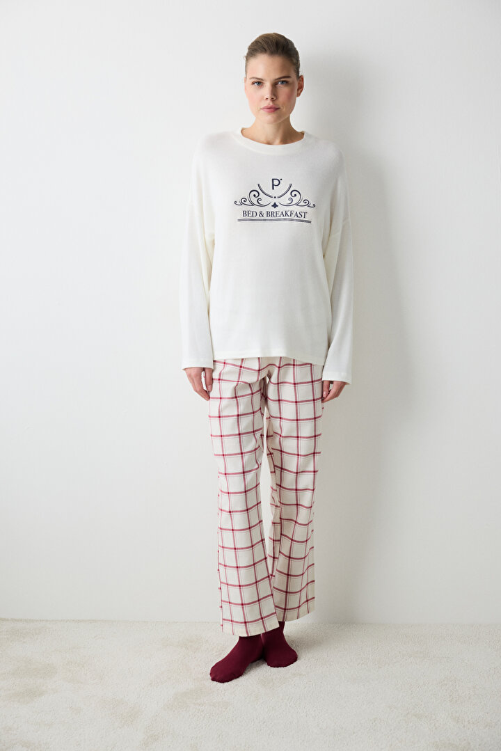 Aria Checked Ecru Pant PJ Bottom - 2