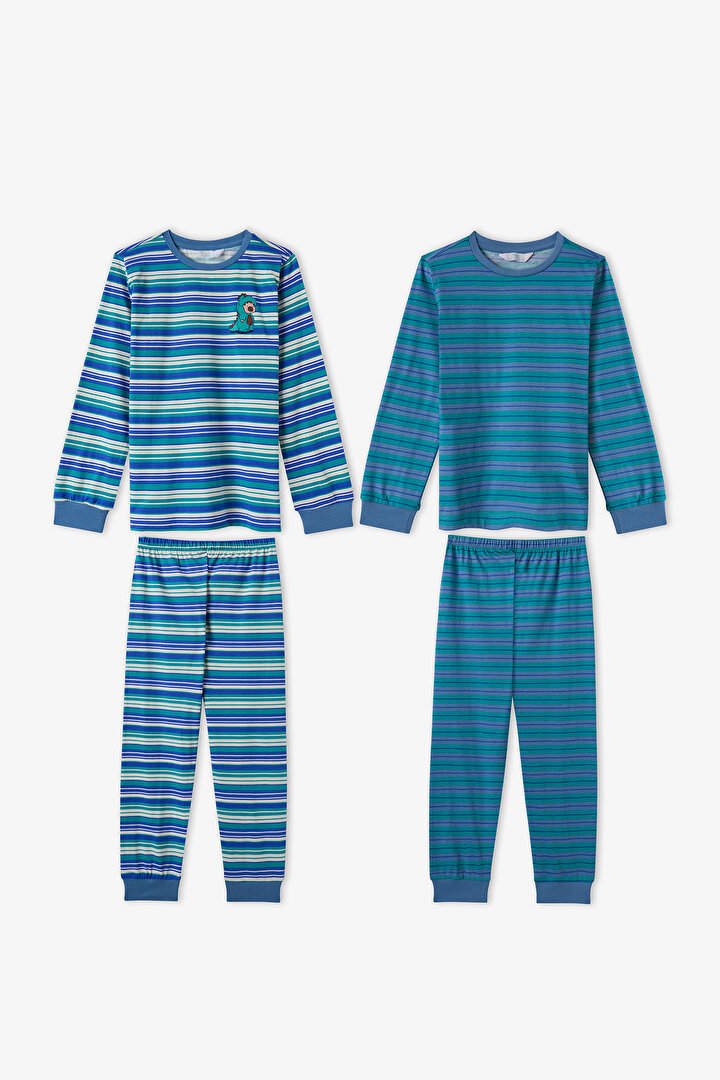 Erkek Çocuk Mavi Çizgili Lovers Pamuklu Uzun Kollu 2'li Pijama Takımı - 1