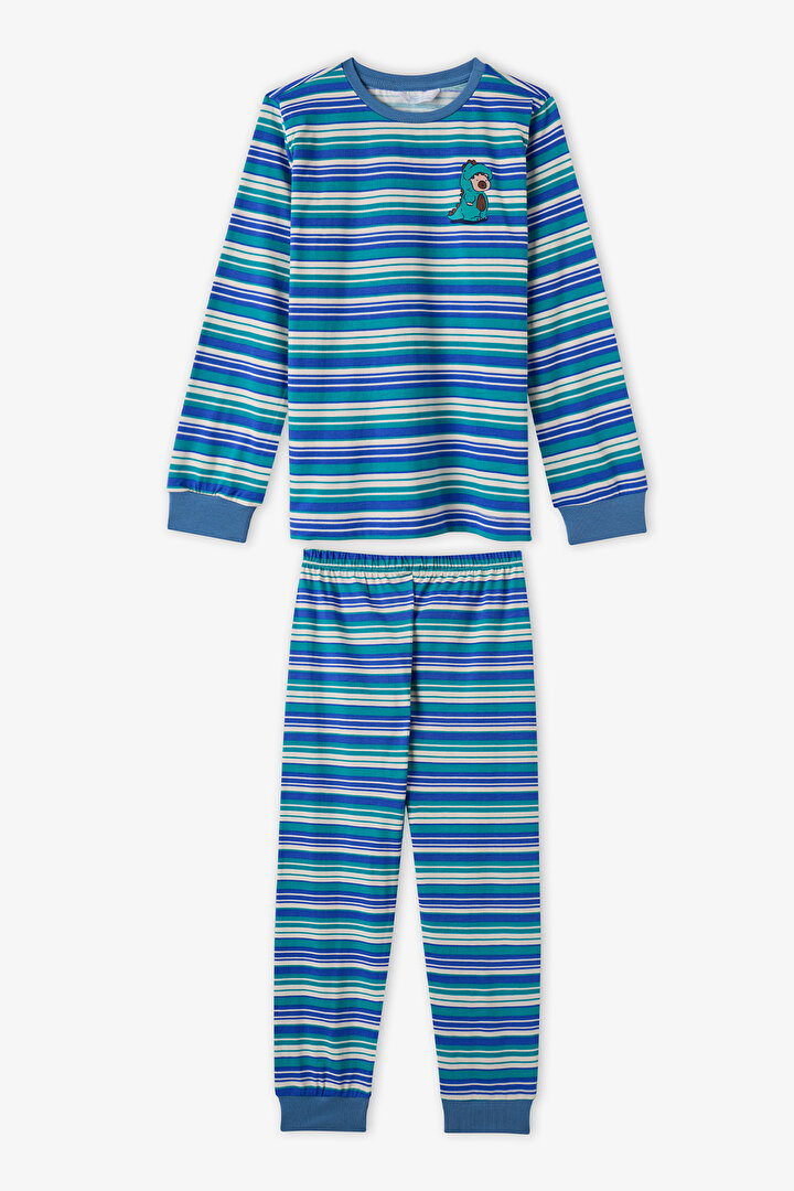 Erkek Çocuk Mavi Çizgili Lovers Pamuklu Uzun Kollu 2'li Pijama Takımı - 2