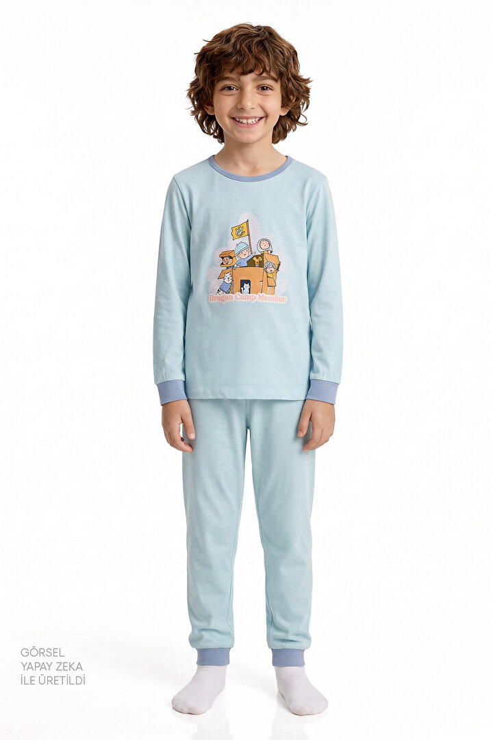 Erkek Çocuk Mavi Dragon Camp Members Pamuklu Uzun Kollu 2'li Pijama Takımı - 1
