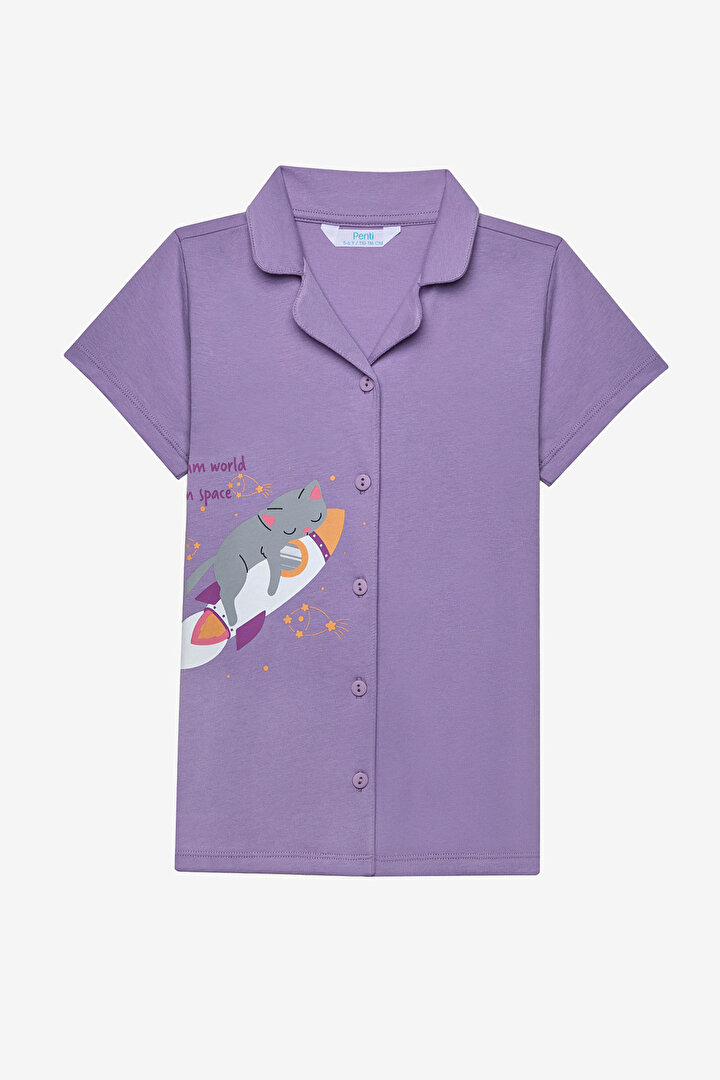 Girls Cat Shirt Lilac PJ Set - 2