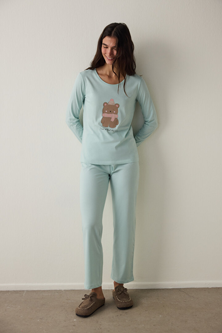 Mint Ent Scarf Bisiklet Yaka Uzun Kollu Slogan Baskılı Pijama Takımı - 1