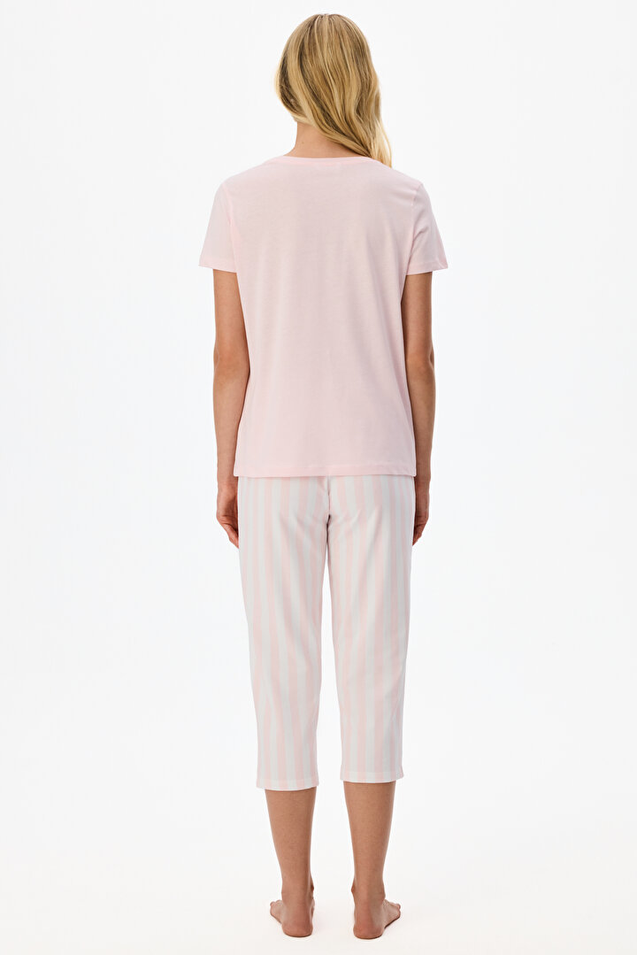 Pembe Slow Days Çizgili Kısa Kollu Kapri Pijama Takımı - 1