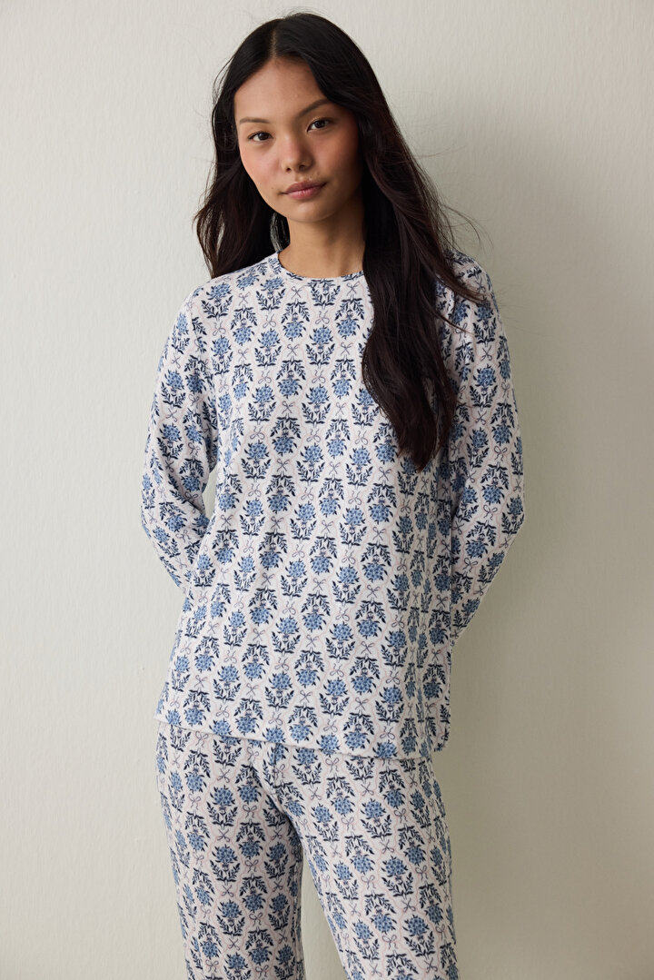 Çiçek Baskılı Tea Time Termal Etkisi Sweatshirt Pijama Üstü - 1