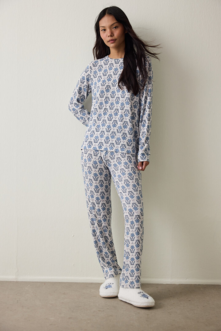 Çiçek Baskılı Tea Time Termal Etkisi Sweatshirt Pijama Üstü - 2