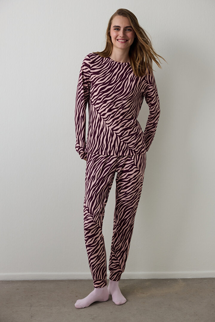 Bordo Zebra Desenli Bisiklet Yaka Uzun Kollu Pijama Takımı - 1