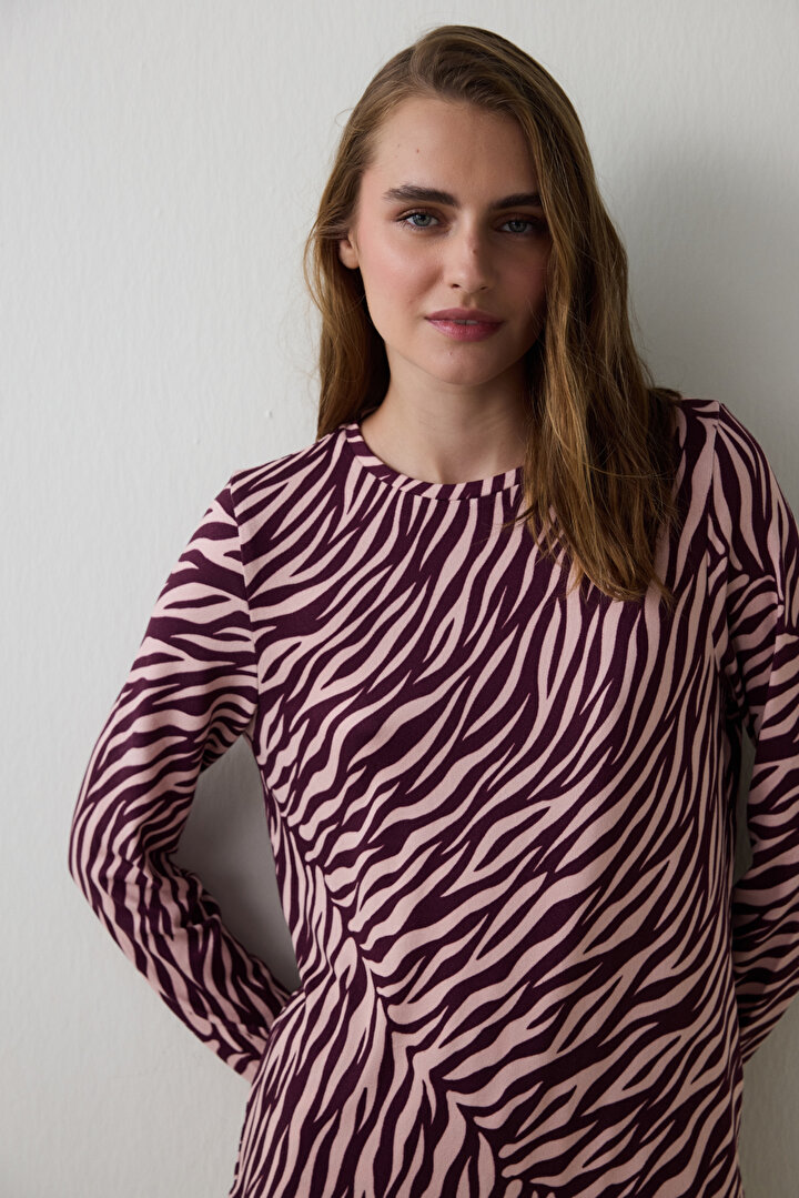 Bordo Zebra Desenli Bisiklet Yaka Uzun Kollu Pijama Takımı - 2