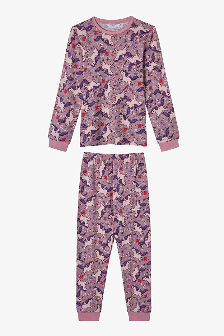 Kız Çocuk Lila Star Unicorn Uzun Kollu Pijama Takımı - 1