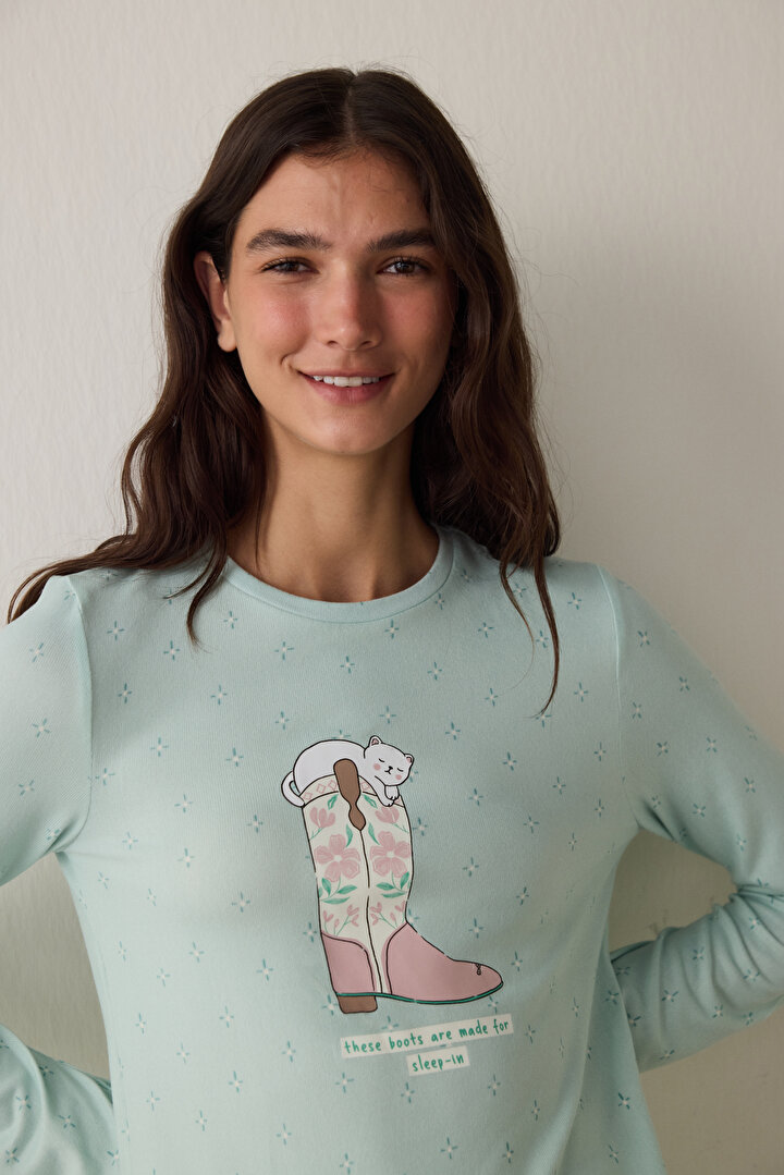 Mint Sleep-In Sloganlı Termal Etkisi Bisiklet Yaka Uzun Kollu Pijama Üstü - 2