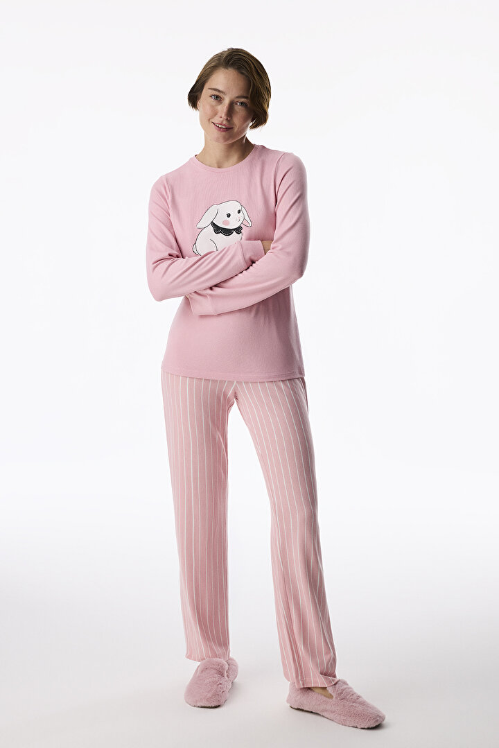 Pembe Stay Cozy Uzun Kollu Pantolon Pijama Takımı - 1