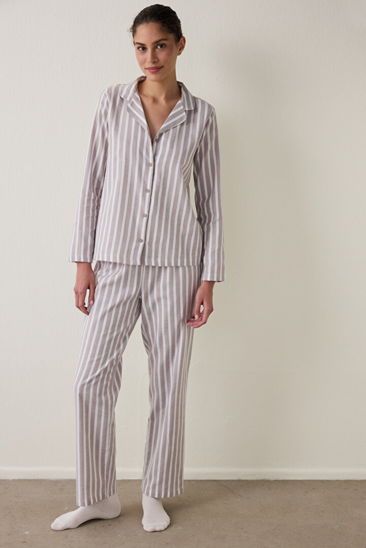Bej Çizgili Uzun Kollu Gömlek Pantolon Pijama Takımı - 1