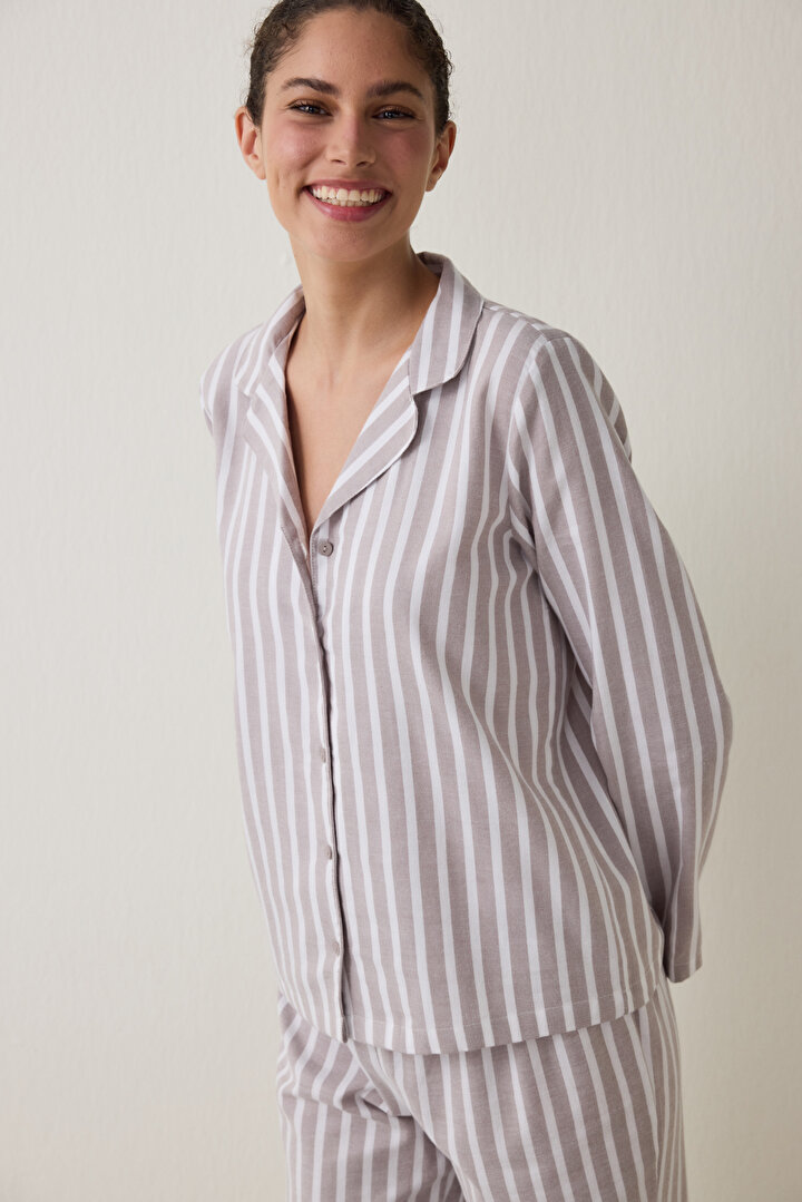 Bej Çizgili Uzun Kollu Gömlek Pantolon Pijama Takımı - 2