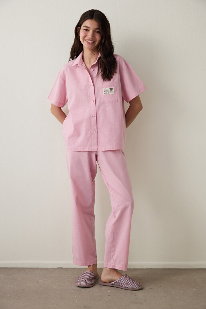 Lilac Slogan Printed Shirt Collar Short Sleeve Shorts Pajama Set - Inspired by Flora - 2