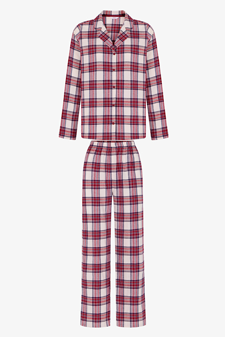 Bordo Leila Ekoseli Uzun Kollu Gömlek Pantolon Pijama Takımı - 1