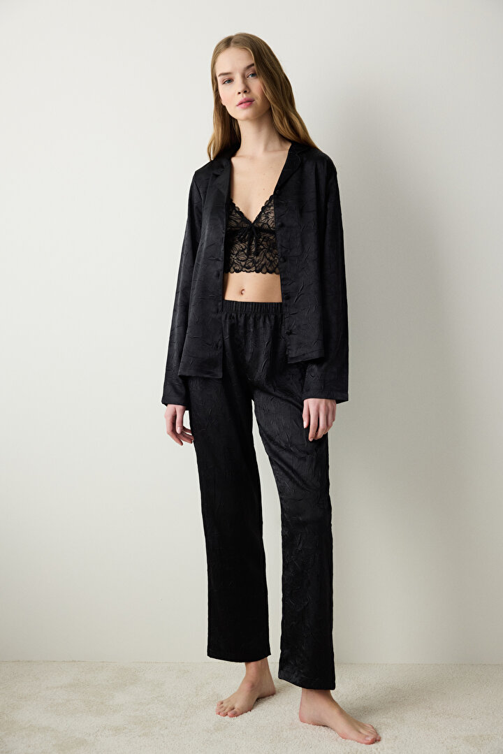 Black Satin Black Shirt Pant PJ Set - 1