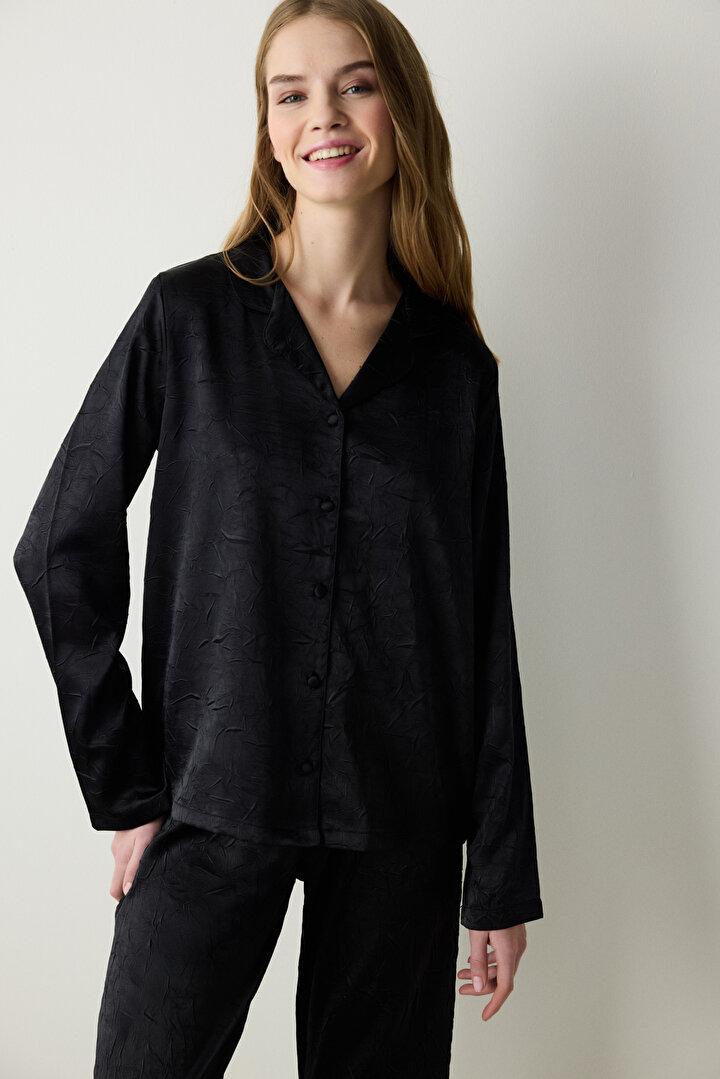 Black Satin Black Shirt Pant PJ Set - 2