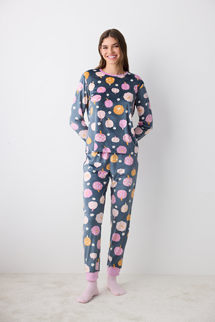 Cute Pumpkins Fuzzy Grey Pant PJ Set - 1