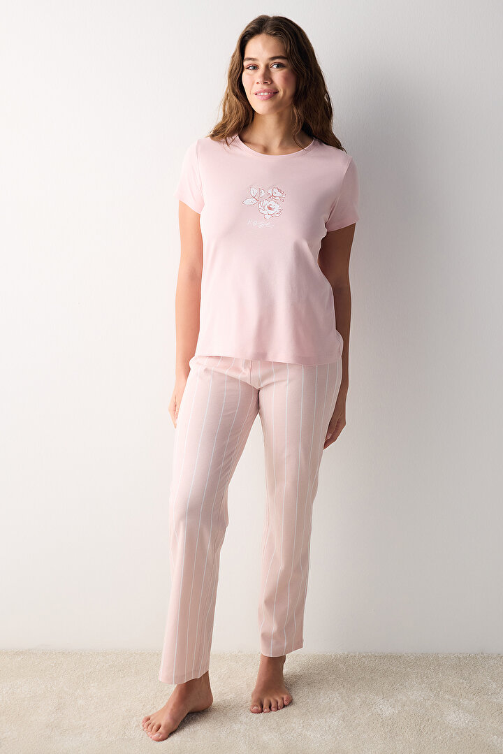 Rosy Striped Gül Kurusu Pembe Pantolon Pijama Takımı - 2