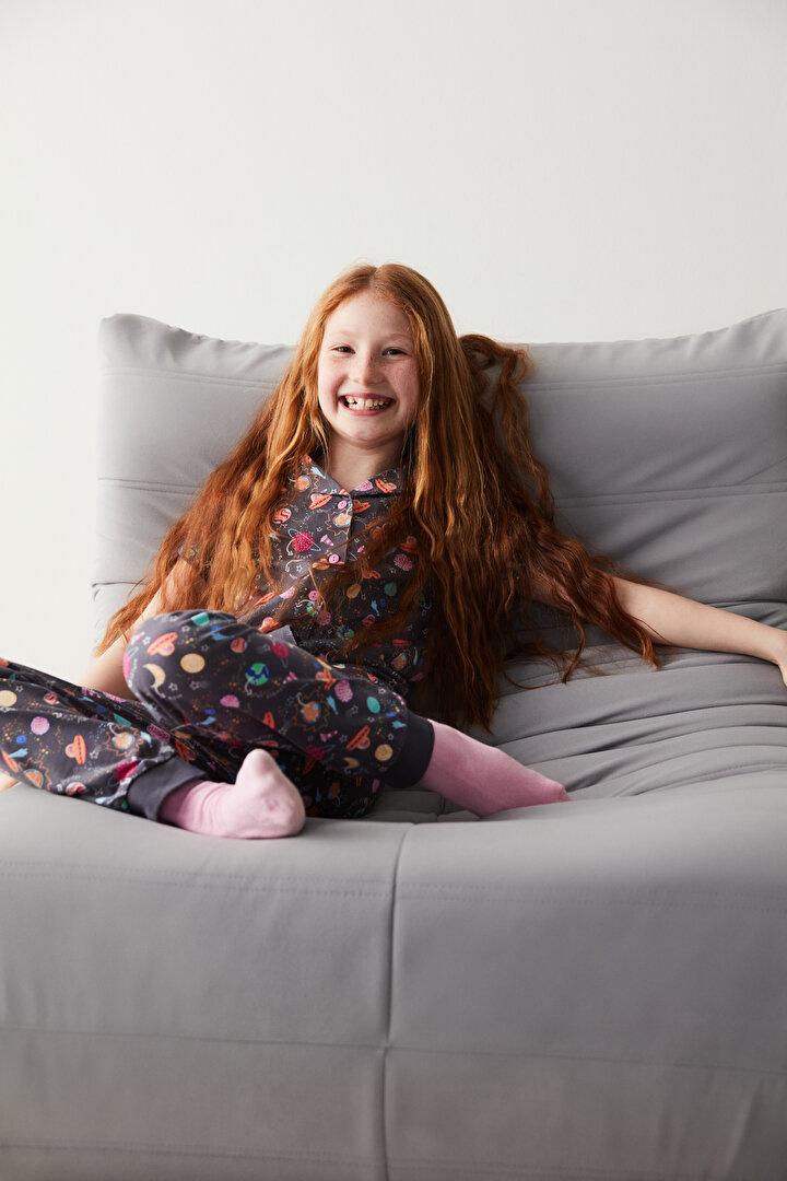 Kız Çocuk Ufo Desenli Gömlek Pantolon Pijama Takımı - 2