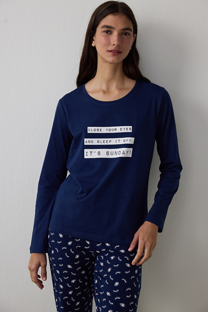 Lacivert It's Sunday Pantolon Pijama Takımı - 2