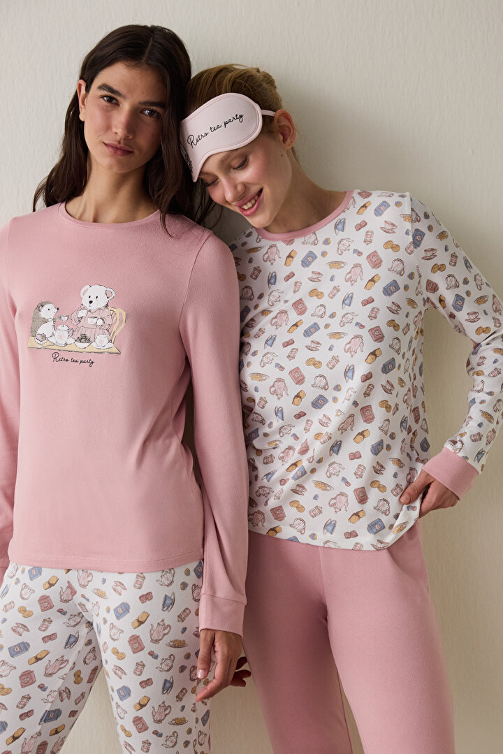 Tea Party Baskılı Bisiklet Yaka Uzun Kollu Pijama Üstü - 1