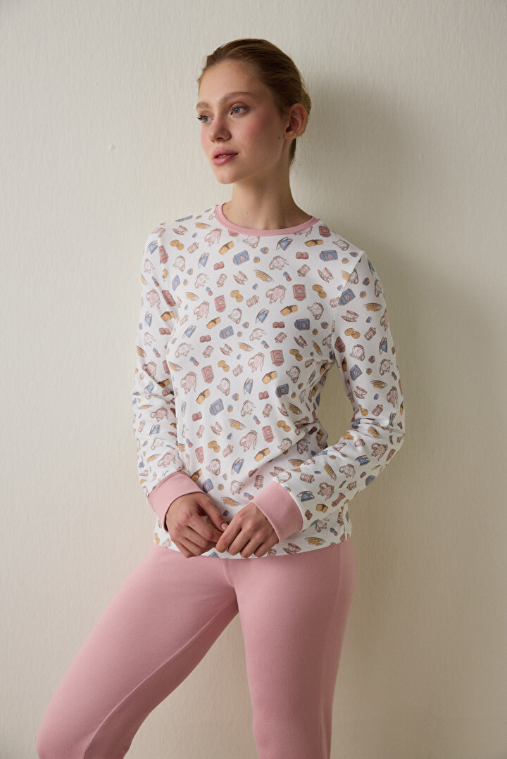 Tea Party Baskılı Bisiklet Yaka Uzun Kollu Pijama Üstü - 2