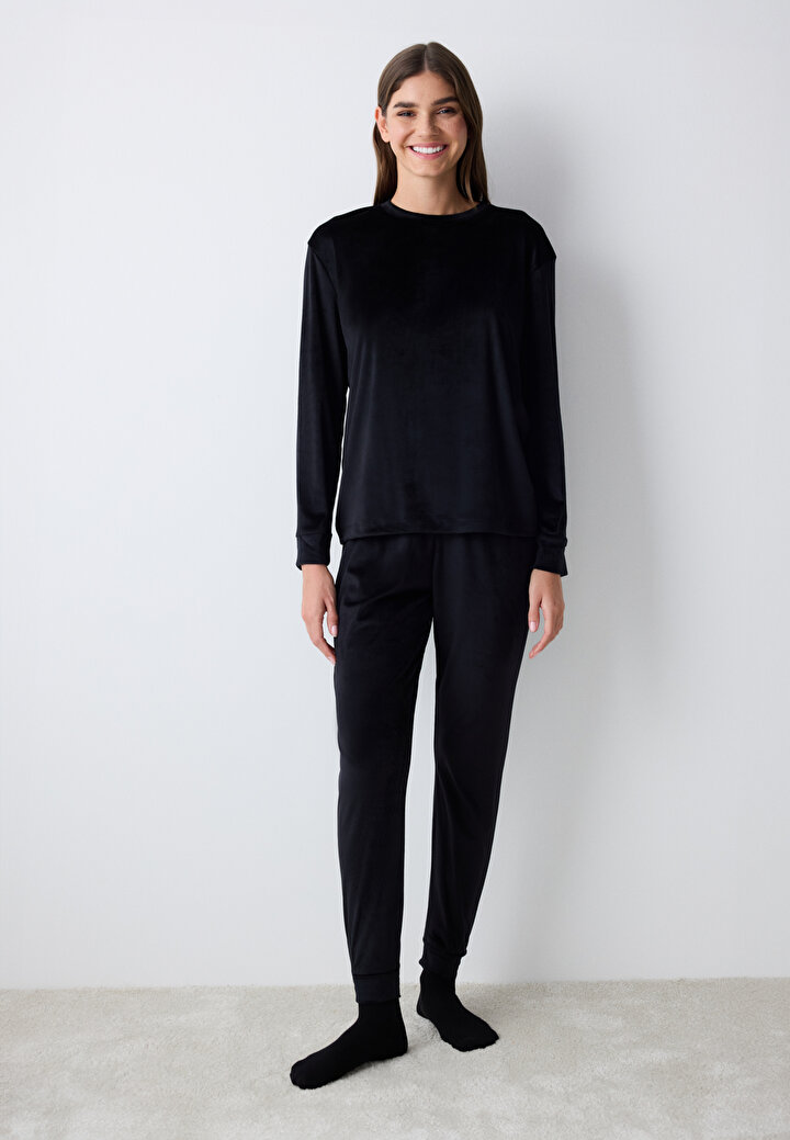 Black Fuzzy Solid Siyah Sweatshirt - 1