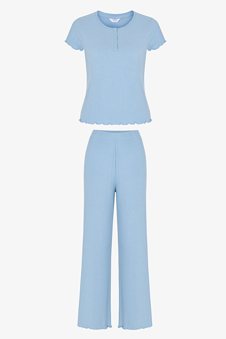 Blue Ella Solid Pants Pajama Set - 1