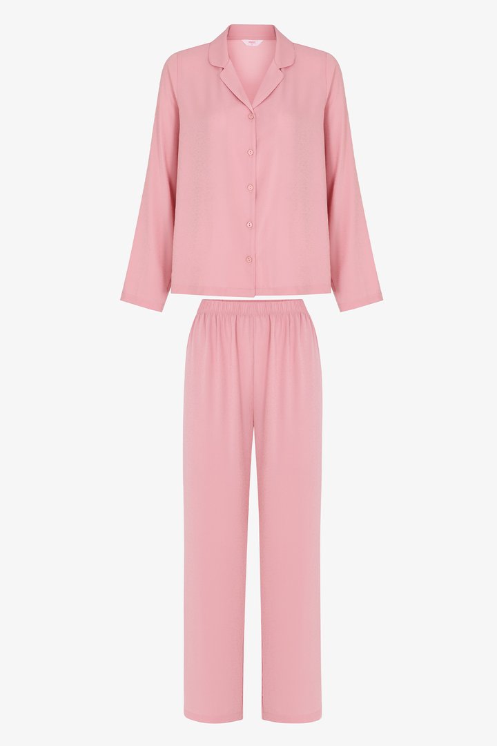 Pembe Aurora Saten Çıtır Çiçek Desenli Uzun Kollu Gömlek Pantolon Pijama Takımı - 1