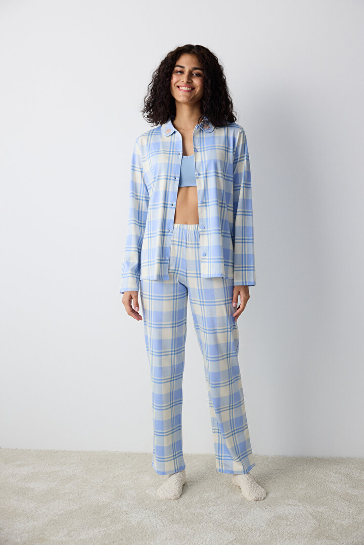 Happy Checked Shirt Blue Pant PJ Set - 1