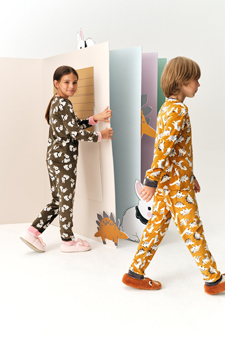 Kız Çocuk Haki Pom Bunny Tef Uzun Kollu Pijama Takımı - 1