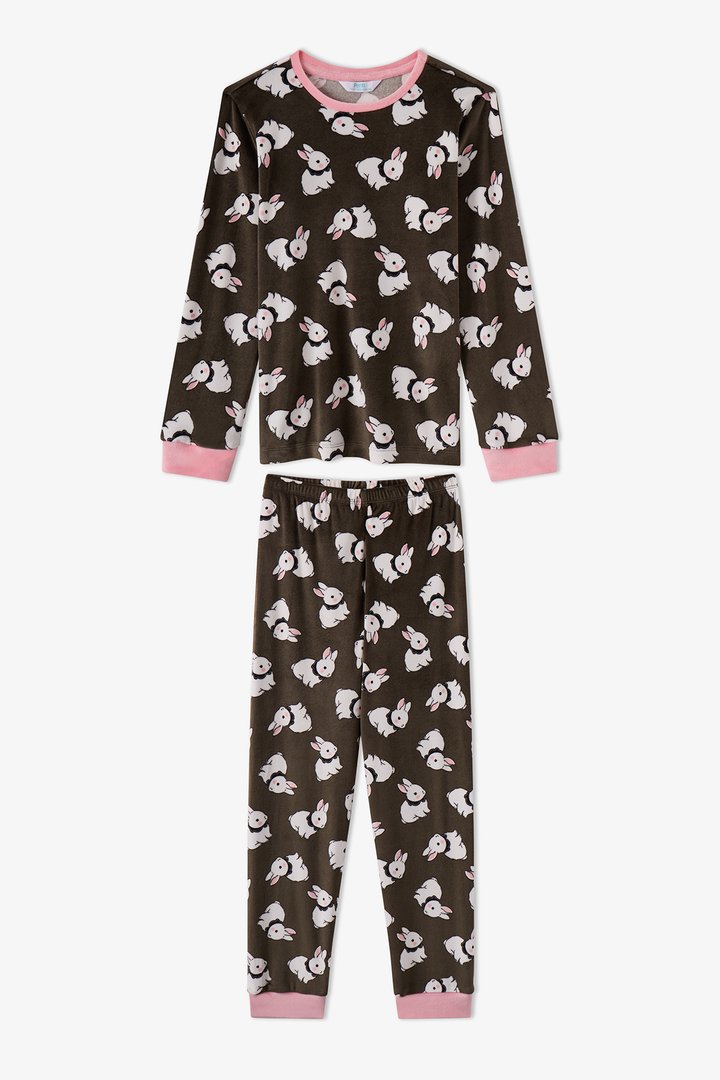 Girls' Khaki Pom Bunny Tef Long Sleeve Pyjama Set - 2