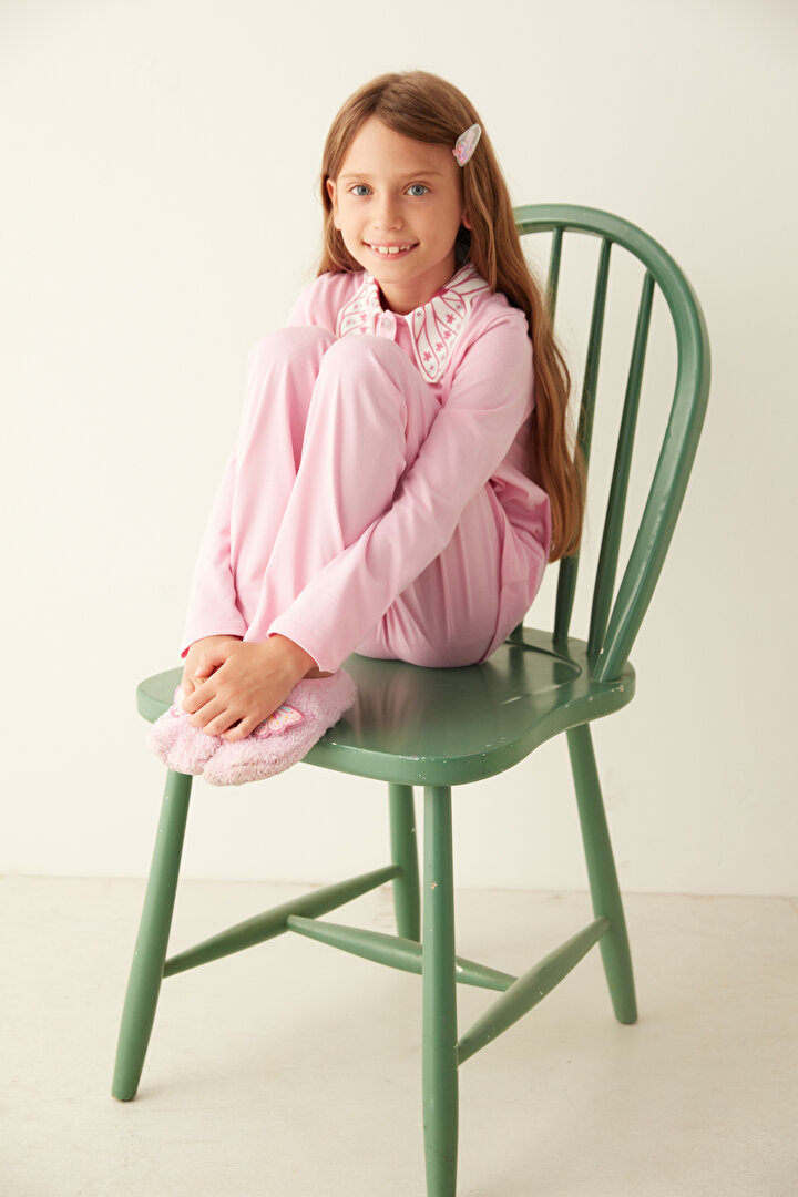 Pembe Kız Çocuk Simli Düğme Detaylı  Pijama Takımı - 1