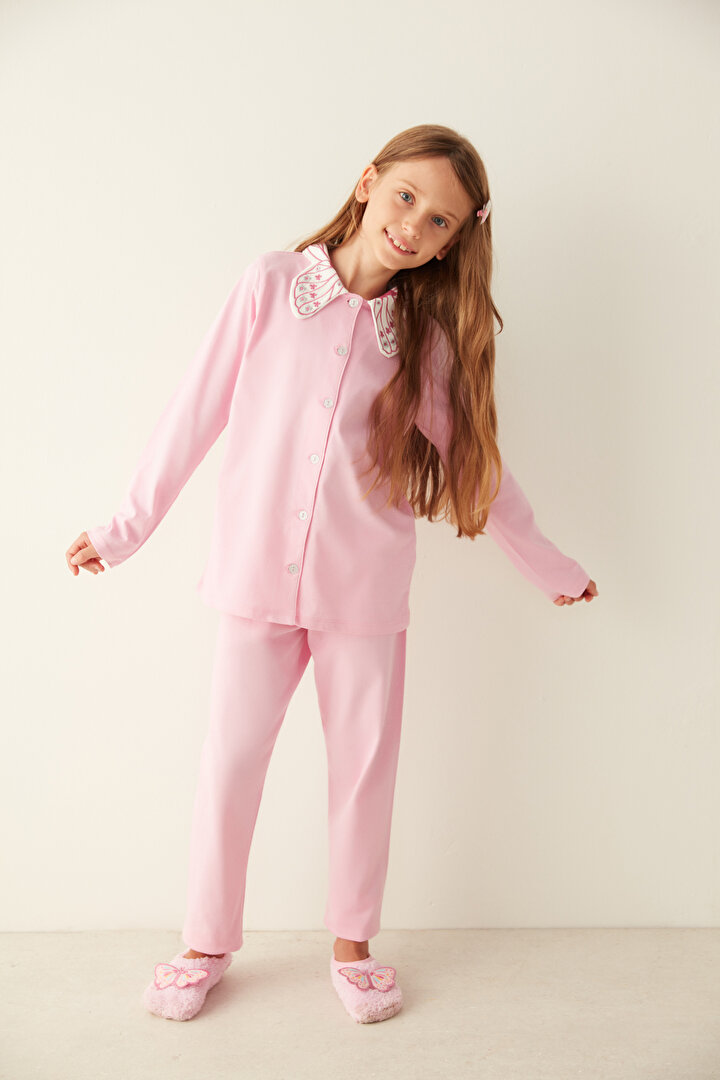 Pembe Kız Çocuk Simli Düğme Detaylı  Pijama Takımı - 2