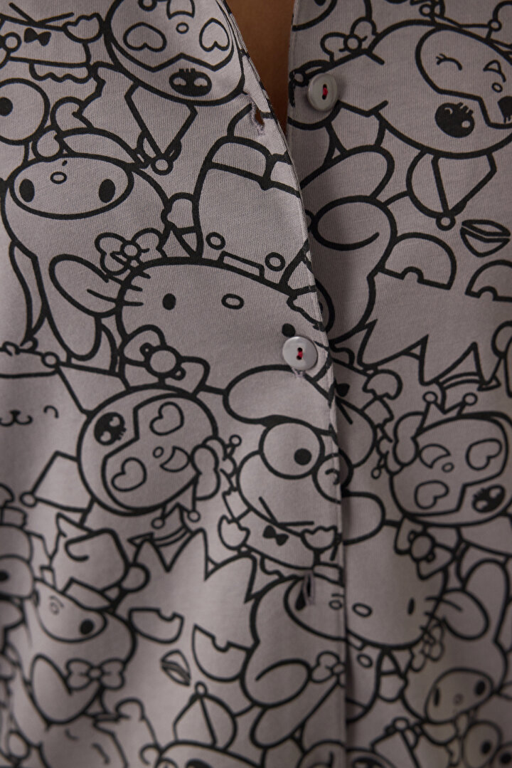Gri Kuromi Baskılı Uzun Kollu Pamuklu Oversize Gömlek Pijama Takımı - 1