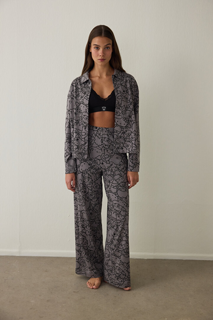 Gray Kuromi Printed Long Sleeve Oversize Shirt Pajama Set - 2