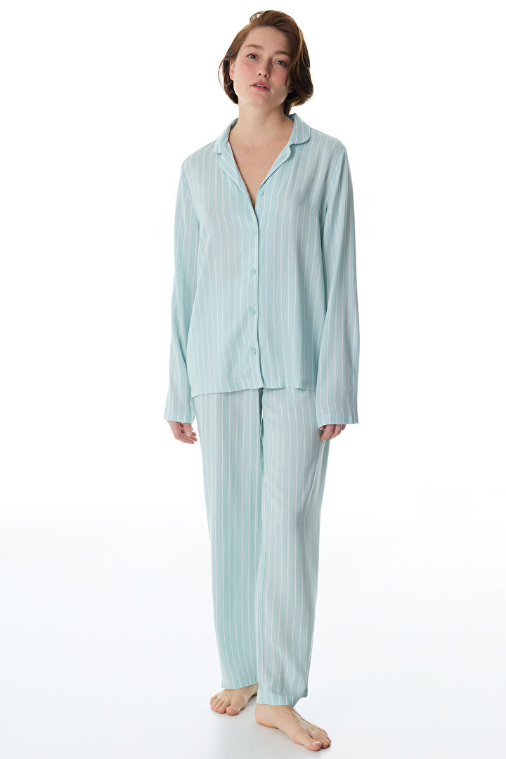 Mint Green Josie Striped Shirt & Pants Pajama Set - 1