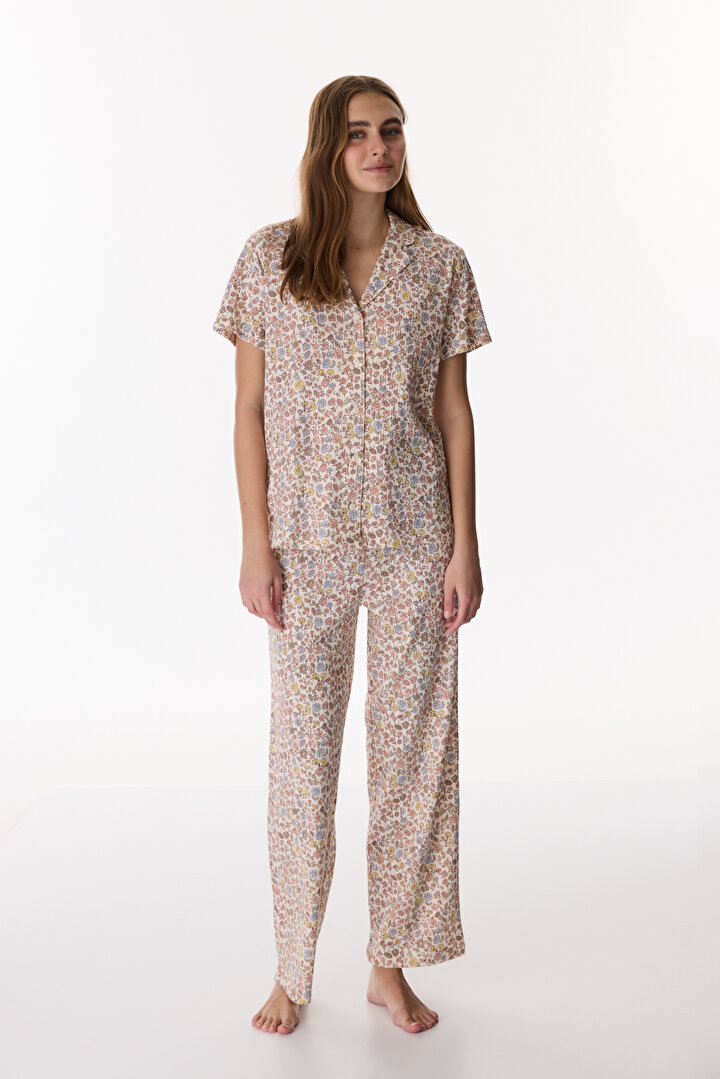 Beige Floral Pointel Shirt & Pants Pajama Set - 2