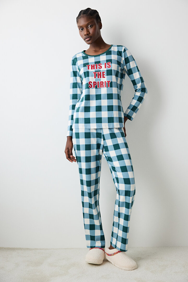 Green Gingham Dark Green Pant PJ Set - 1