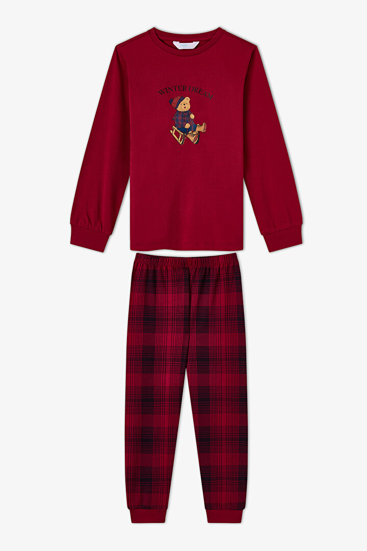 Unisex Çocuk Bordo Teddy Crew Fam Uzun Kollu Pijama Takımı - 1