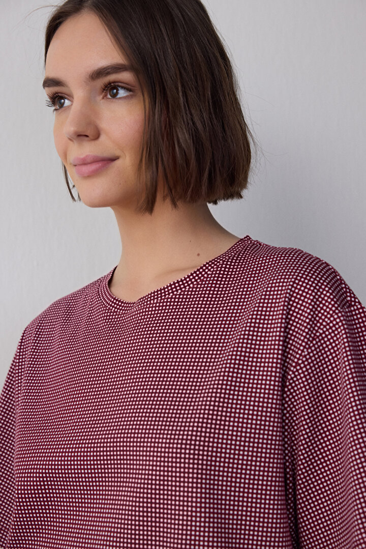 Burgundy Freya Plaid Crew Neck Short Sleeve Pajama Set with Shorts - 2