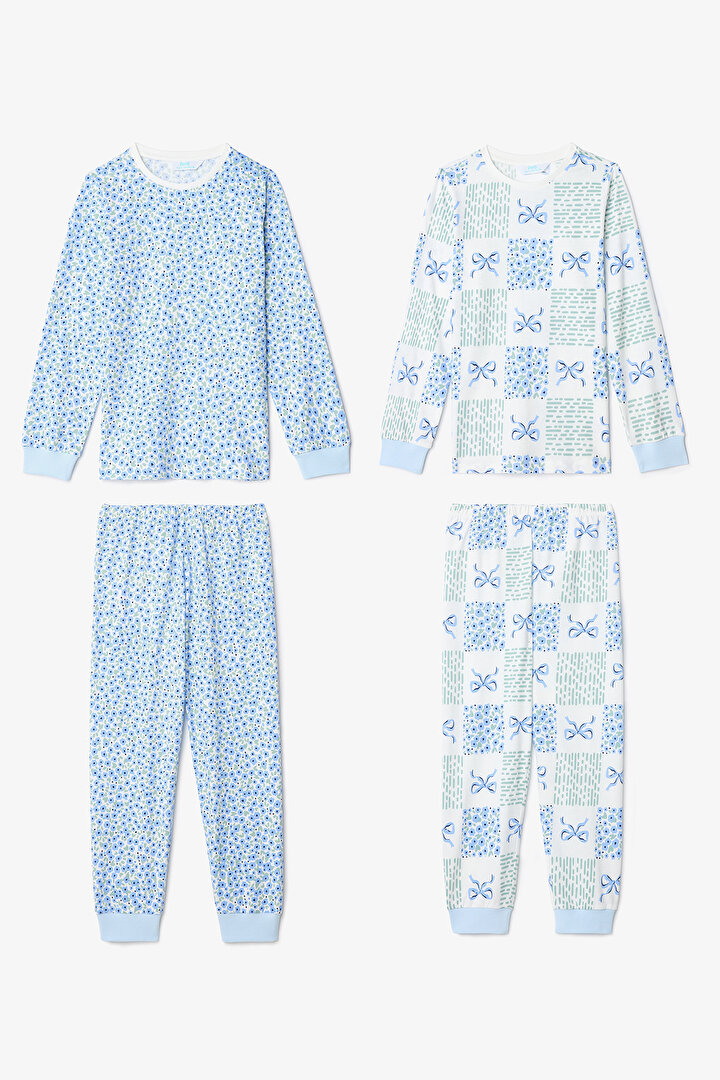 Kırık Beyaz Kız Çocuk Çıtır Çiçek Desenli Uzun Kollu 2'li Pijama Takımı - 1