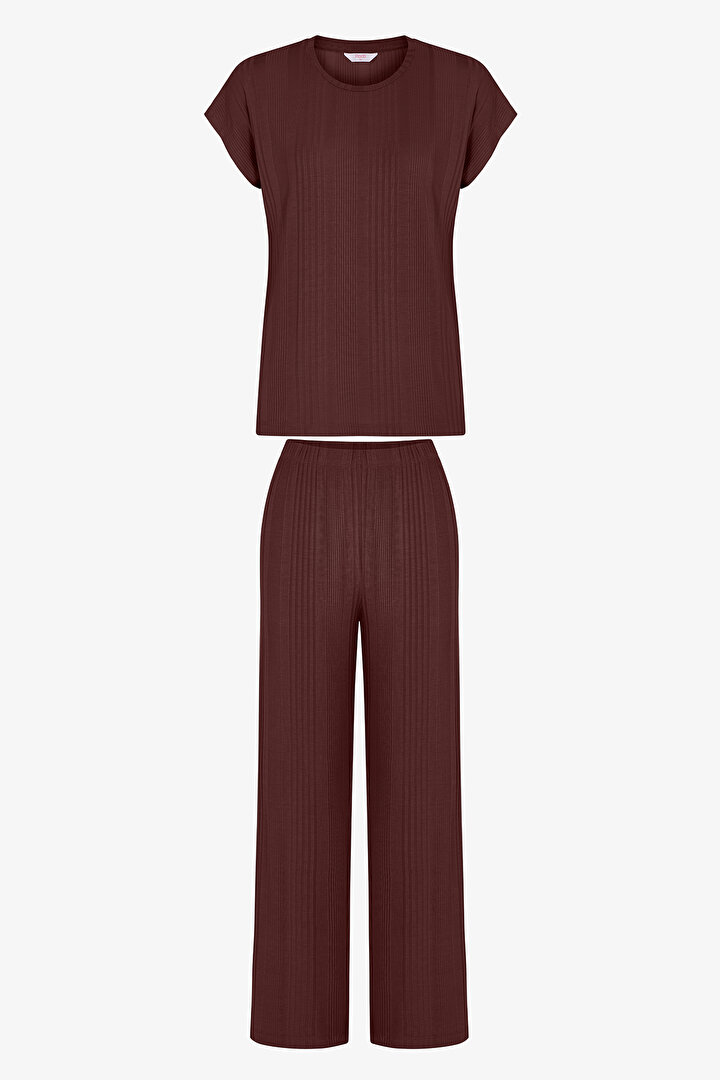Kahverengi Sleep Mode Fitilli Pantolon Kısa Kollu Pijama Takımı - 1