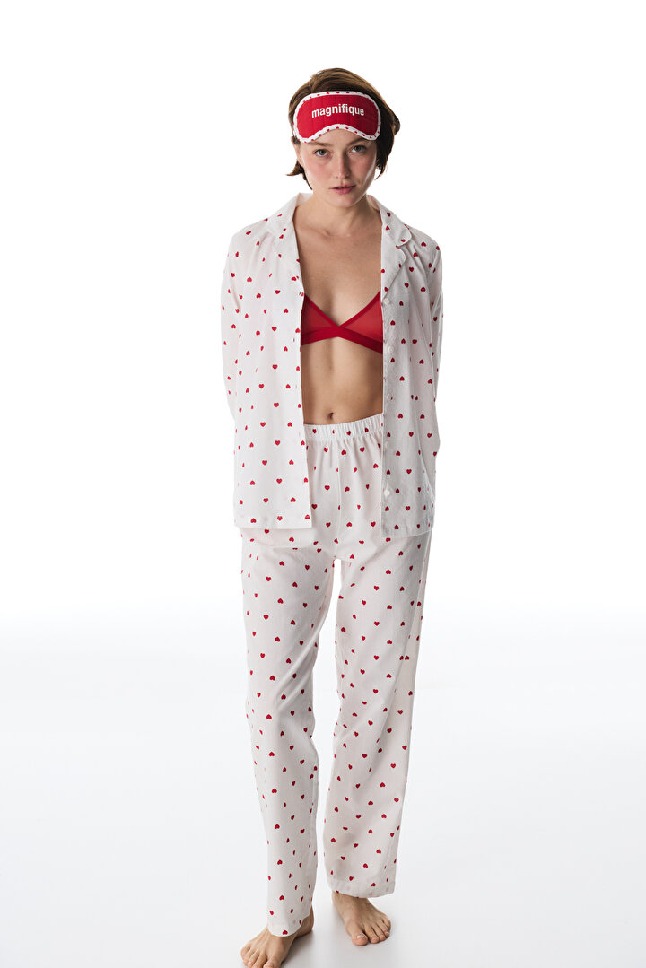 Kırık Beyaz Red Hearts Gömlek Pantolon Pijama Takımı - 1