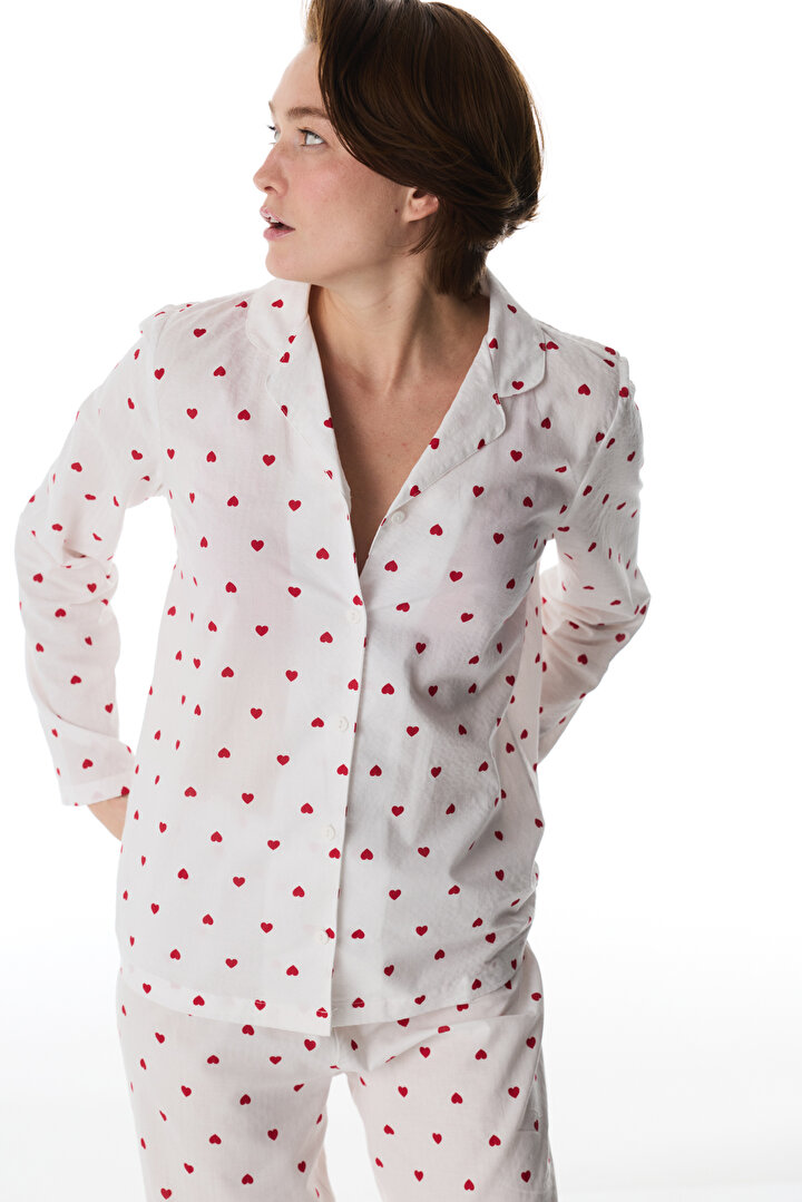 Kırık Beyaz Red Hearts Gömlek Pantolon Pijama Takımı - 2