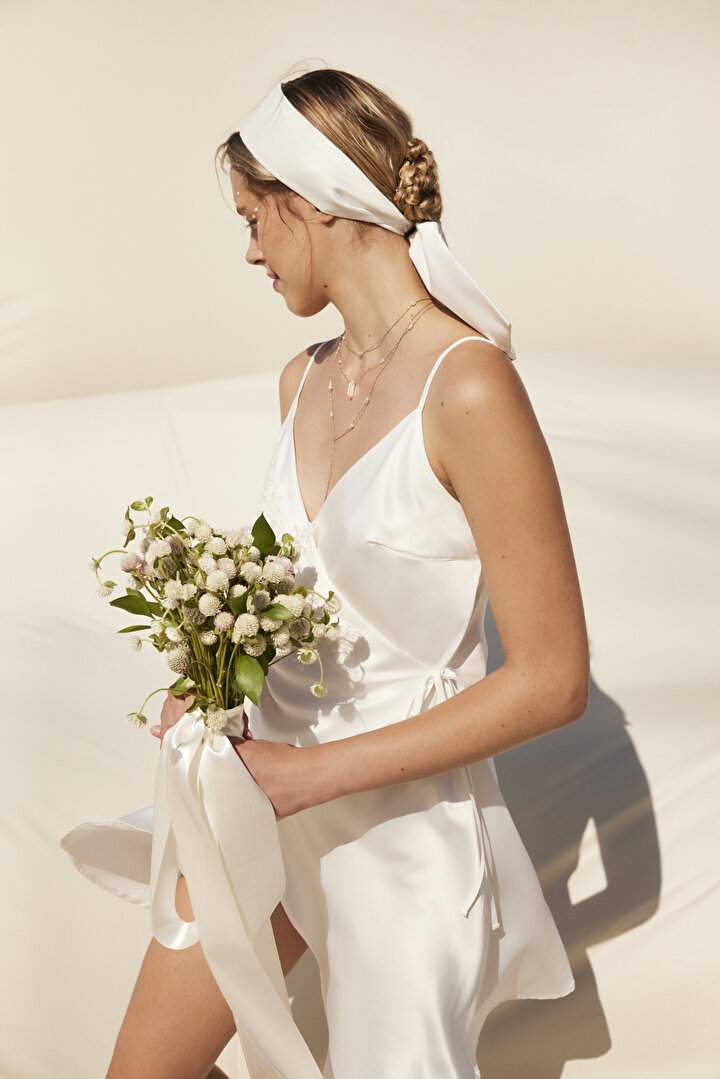 Bridal Saten Dantel Detaylı Kırık Beyaz Elbise - 1